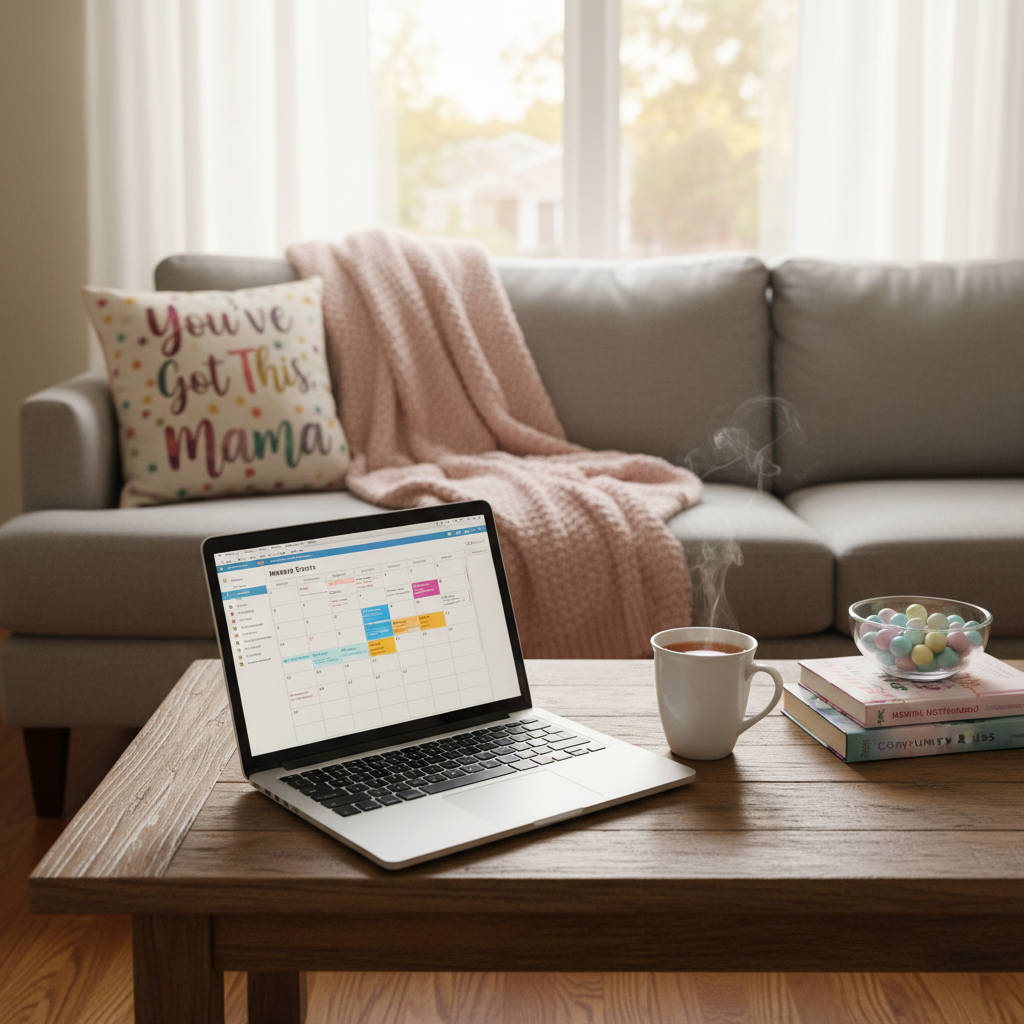 A cozy suburban living room scene with a plush light-gray sectional sofa draped with a blush-pink throw blanket and a patterned “You’ve Got This, Mama” pillow. On a rustic wooden coffee table sits a laptop displaying a colorful calendar labeled “Meetup Events,” surrounded by a half-finished cup of tea, a small stack of parenting books, and a bowl of pastel candy. Soft afternoon light filters through sheer curtains, casting a warm, comforting glow and subtle shadows. Photographic realism, captured from a slightly elevated angle with the table in sharp focus and the sofa gently blurred. The atmosphere is welcoming, playful, and designed to feel like a safe, lived-in space for moms planning their next community meetup.