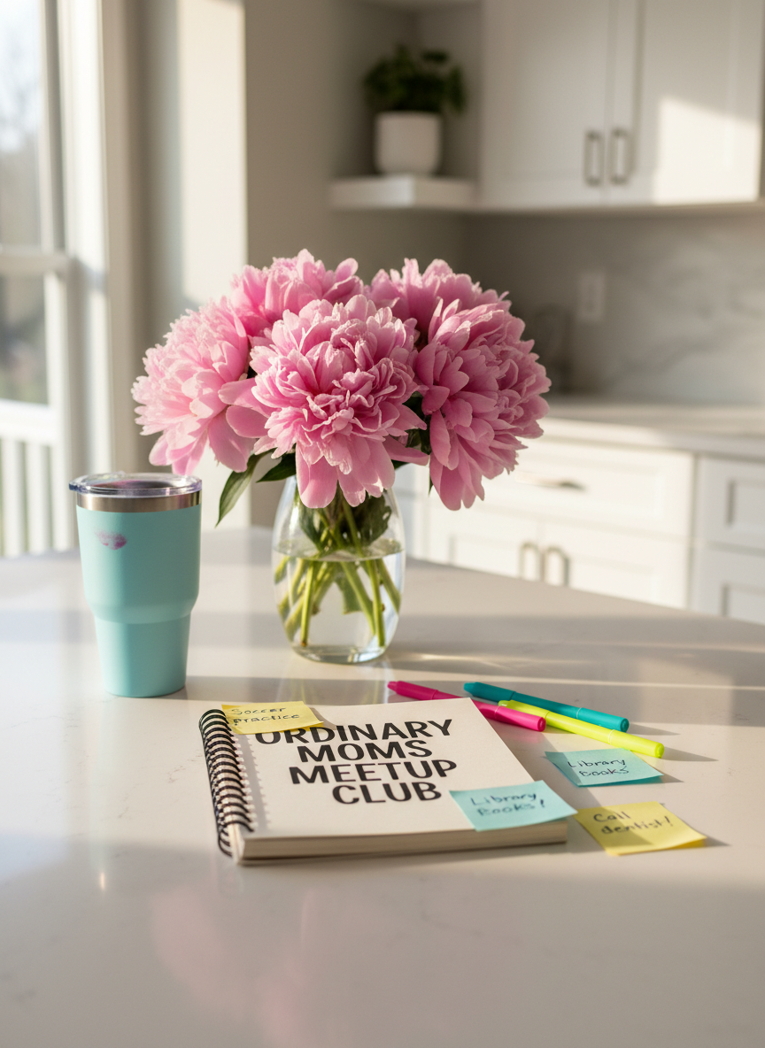 A neatly arranged kitchen island in a bright Philly suburbs home, topped with a bouquet of soft pink peonies in a clear glass vase beside an open spiral-bound planner labeled “Ordinary Moms Meetup Club.” Colorful gel pens, a reusable coffee tumbler with a faint lipstick mark, and scattered sticky notes with playful reminders fill the scene. Late-morning natural light pours through a nearby window, creating gentle reflections on the polished quartz countertop and soft shadows behind each object. Photographic realism, shot at eye level with a shallow depth of field so the planner title is in crisp focus while the background kitchen cabinets blur. The mood is inviting, relatable, and slightly playful, capturing the organized chaos of mom life in a clean, modern setting.
