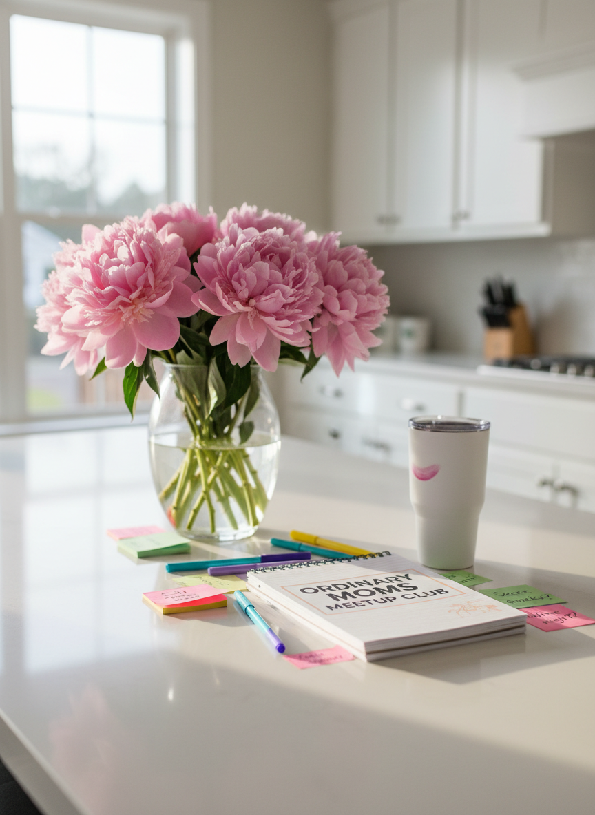 A neatly arranged kitchen island in a bright Philly suburbs home, topped with a bouquet of soft pink peonies in a clear glass vase beside an open spiral-bound planner labeled “Ordinary Moms Meetup Club.” Colorful gel pens, a reusable coffee tumbler with a faint lipstick mark, and scattered sticky notes with playful reminders fill the scene. Late-morning natural light pours through a nearby window, creating gentle reflections on the polished quartz countertop and soft shadows behind each object. Photographic realism, shot at eye level with a shallow depth of field so the planner title is in crisp focus while the background kitchen cabinets blur. The mood is inviting, relatable, and slightly playful, capturing the organized chaos of mom life in a clean, modern setting.