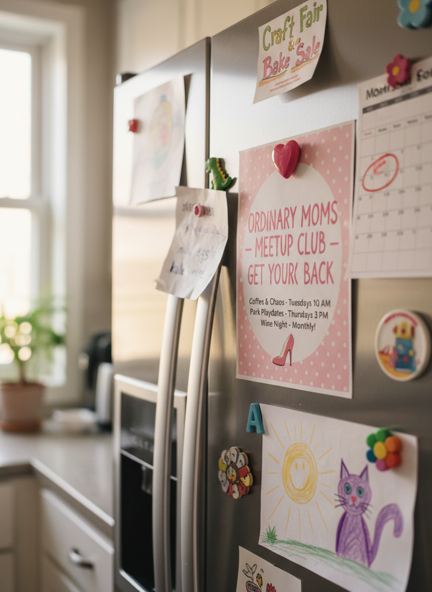 A close-up of a refrigerator door in a bright suburban kitchen, covered with colorful magnets holding a playful mix of meetup flyers, handwritten schedules, and childlike drawings. One central flyer, in crisp focus, reads “Ordinary Moms Meetup Club – Get Your Pink Back” in fun typography with soft pink accents. Surrounding items, like a grocery list and a calendar with circled meetup dates, fade into a gentle blur. Natural midday light from a nearby window reflects softly off the stainless steel surface, creating subtle highlights and shadows. Photographic realism, eye-level composition with shallow depth of field. The atmosphere feels authentic, slightly chaotic but charming, capturing the real-life hub where busy moms keep track of their community connections.