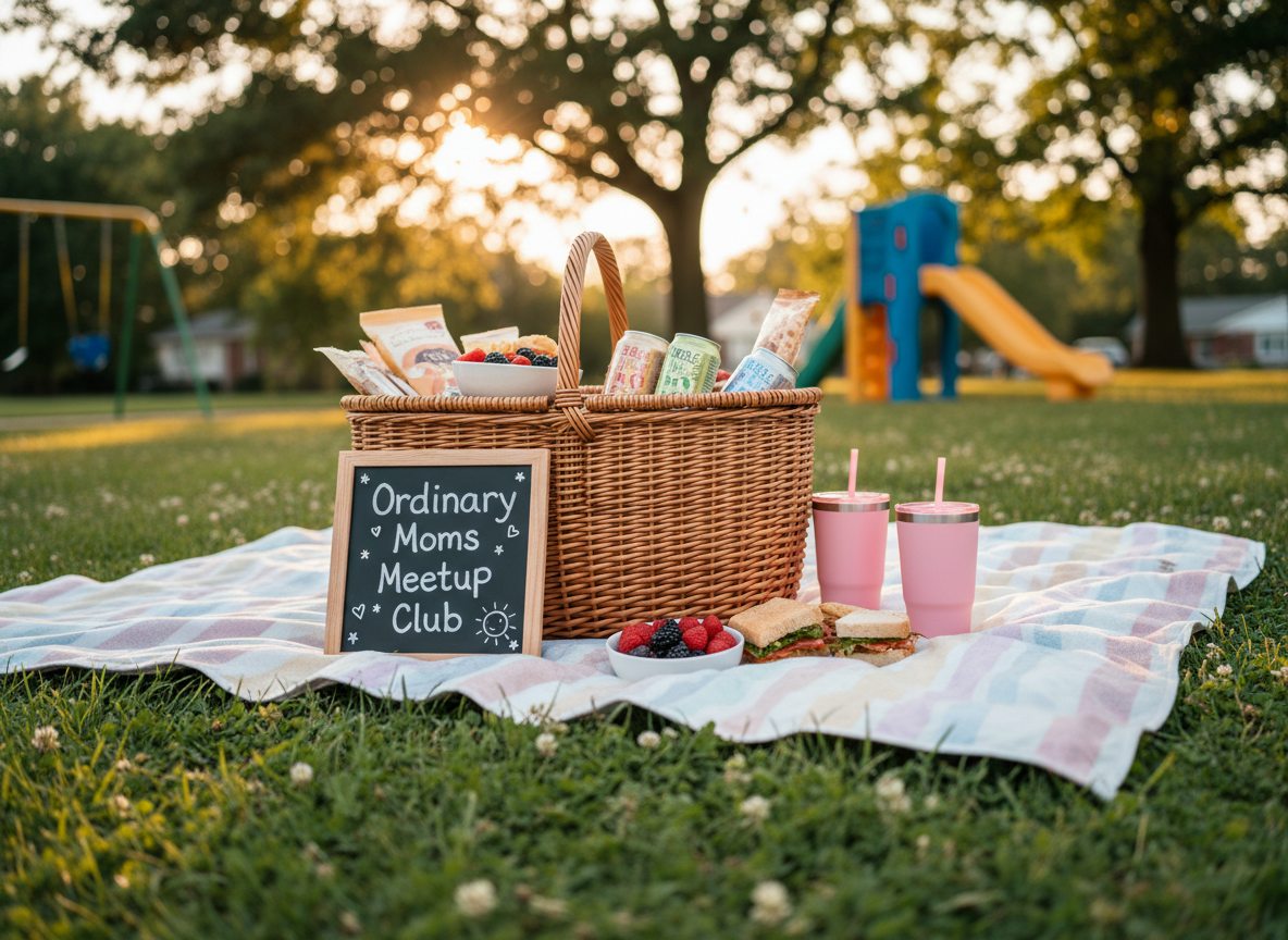 A cheerful suburban park picnic setup on fresh green grass, with a pastel-patterned blanket spread out and a woven basket brimming with snacks, sparkling water cans, and reusable pink cups. A chalkboard-style sign propped against the basket reads “Ordinary Moms Meetup Club” in playful handwriting with doodled stars and hearts. In the background, the blurred outlines of playground equipment and leafy trees create context without showing any people. Late-afternoon golden hour light bathes the scene, creating warm highlights on the basket’s texture and soft bokeh through the leaves. Photographic realism, shot from a low, slightly angled perspective that makes the sign the clear focal point. The mood is joyful, inclusive, and relaxed, echoing an easygoing Philly suburbs mom gathering.