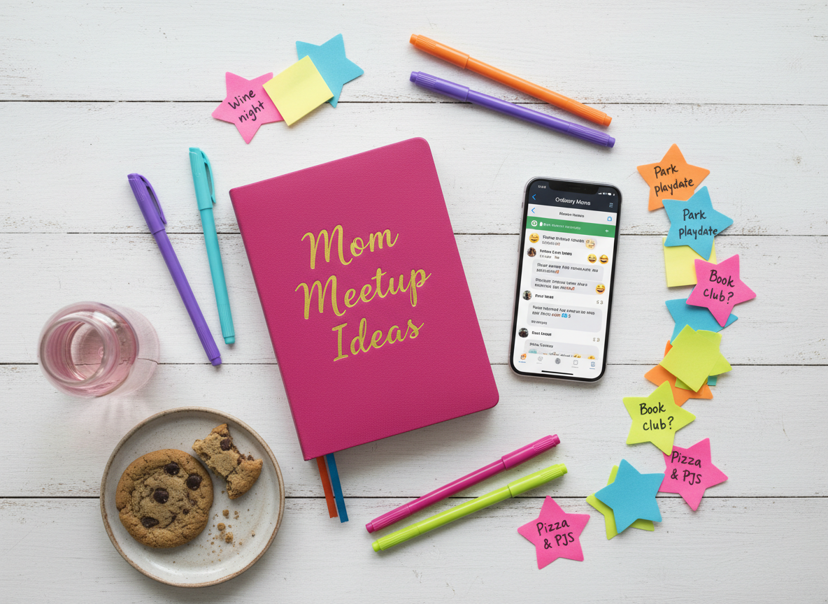 A vibrant flat lay on a whitewashed wooden table featuring a bold pink notebook embossed with “Mom Meetup Ideas,” a smartphone showing a group chat titled “Ordinary Moms,” and a cluster of colorful gel pens and sticky notes scribbled with playful reminders like “Wine night” and “Park playdate.” Nearby, a small plate of half-eaten cookies and a pink water bottle add casual charm. Bright, diffused daylight from an unseen window creates soft, even lighting with minimal shadows. Photographic realism with a top-down bird’s-eye view, everything carefully arranged using rule-of-thirds composition. The mood is energetic, organized yet imperfect, celebrating the playful, relatable planning that brings a suburban mom community together.