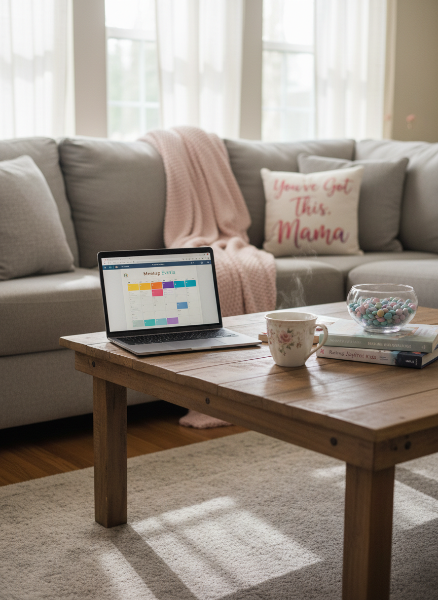 A cozy suburban living room scene with a plush light-gray sectional sofa draped with a blush-pink throw blanket and a patterned “You’ve Got This, Mama” pillow. On a rustic wooden coffee table sits a laptop displaying a colorful calendar labeled “Meetup Events,” surrounded by a half-finished cup of tea, a small stack of parenting books, and a bowl of pastel candy. Soft afternoon light filters through sheer curtains, casting a warm, comforting glow and subtle shadows. Photographic realism, captured from a slightly elevated angle with the table in sharp focus and the sofa gently blurred. The atmosphere is welcoming, playful, and designed to feel like a safe, lived-in space for moms planning their next community meetup.
